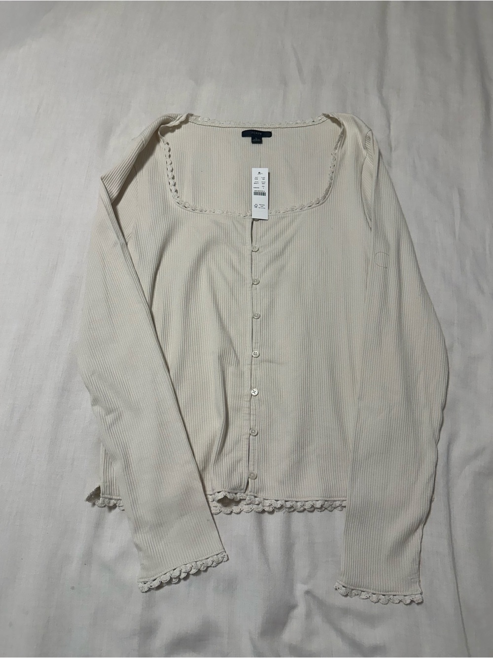 J. Crew Cream Ribbed Button-Front Long Sleeve Top with Lace Trim NWT